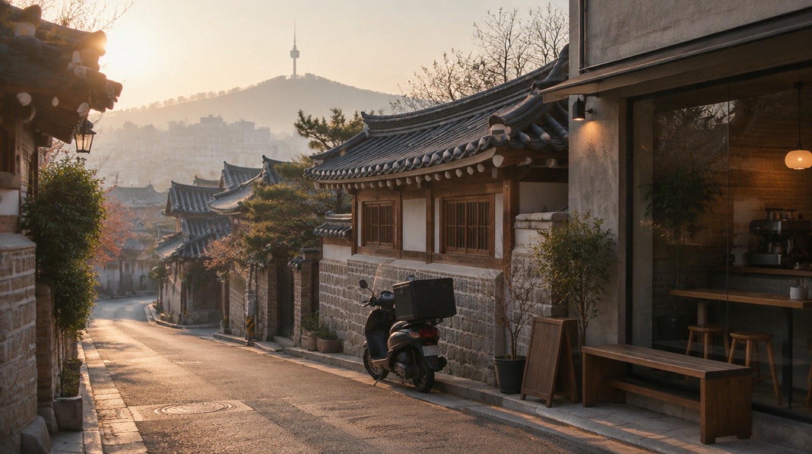 Morning light on a quiet Seoul side street